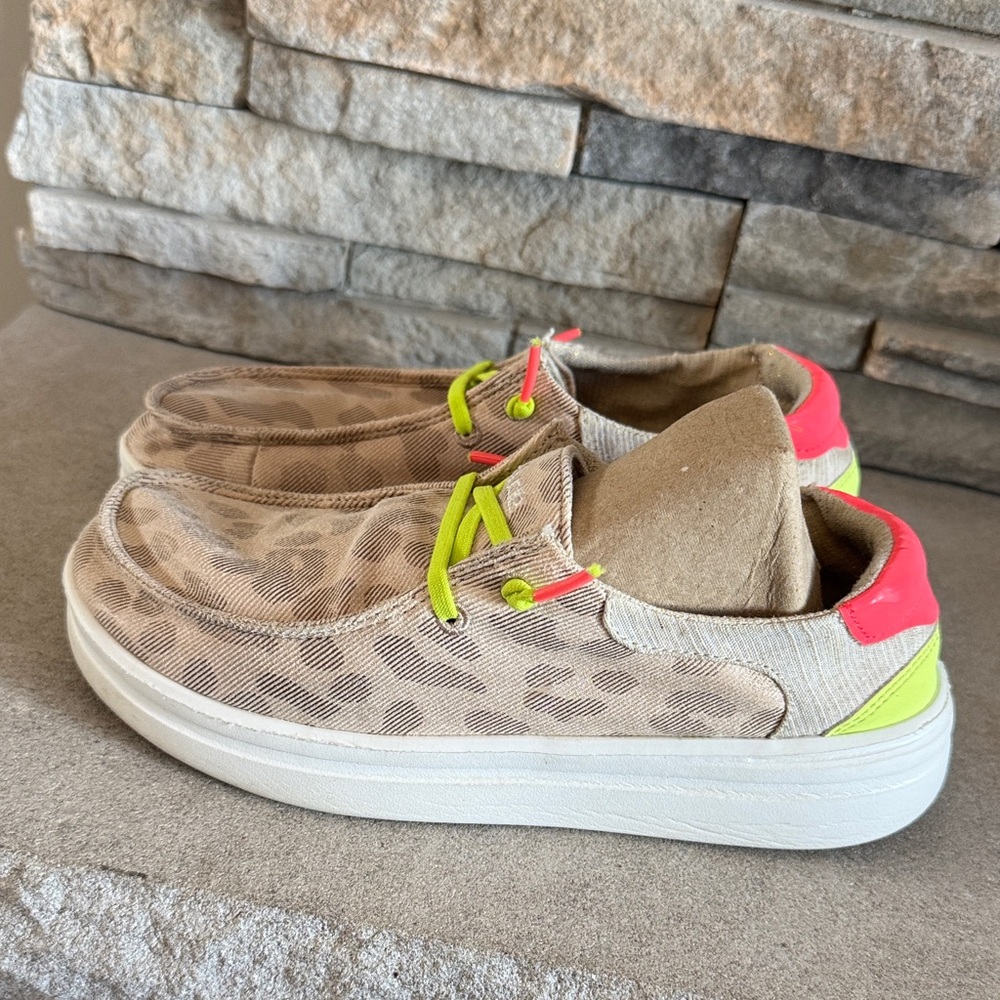 Hey Dude Tan Leopard Sneakers with Neon Pink and Yellow